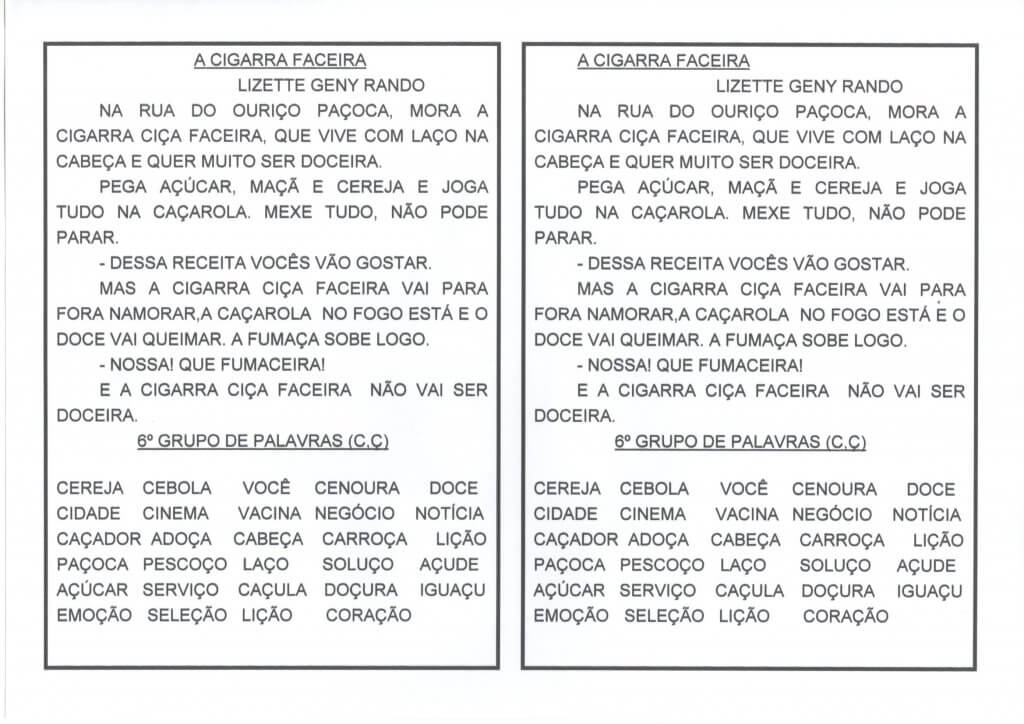 Letras C e Ç-Texto A Cigarra Faceira-Lista de palavras C e Ç
