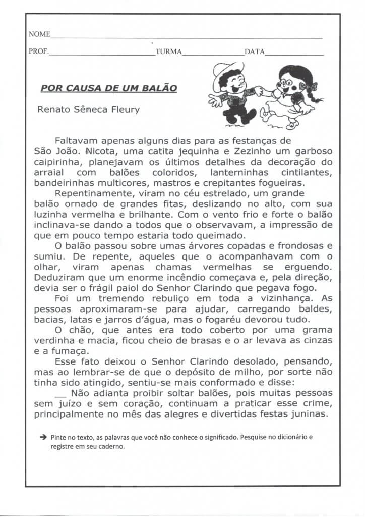 Festa Junina-Leitura e Interpretação de texto-Balão-Folha 1