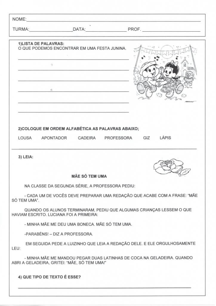 Avaliação Junina-Lista-Ordem Alfabética Texto Música Bilhete-Folha 1