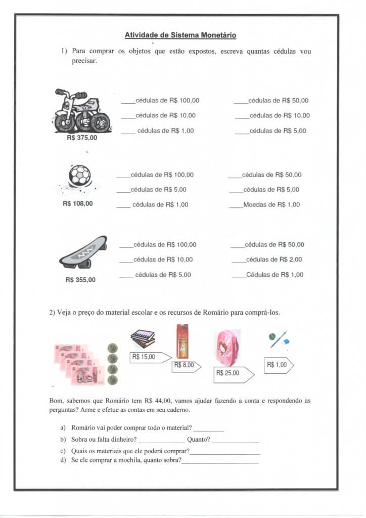 Sistema Monetário-Avaliação de Situações Problema