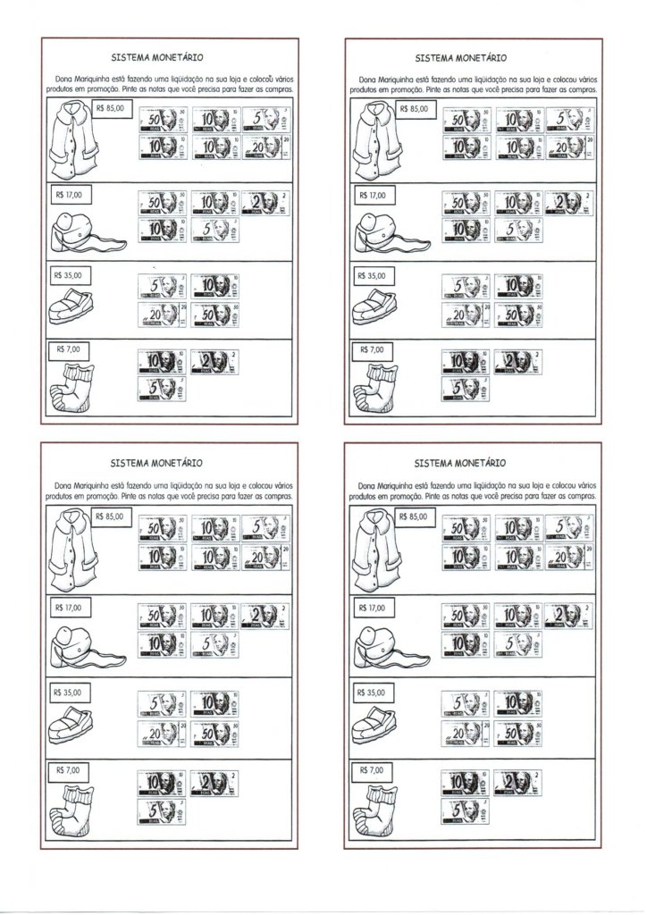 Sistema Monetário-Calcular preços e identificar cédulas-Folha 1