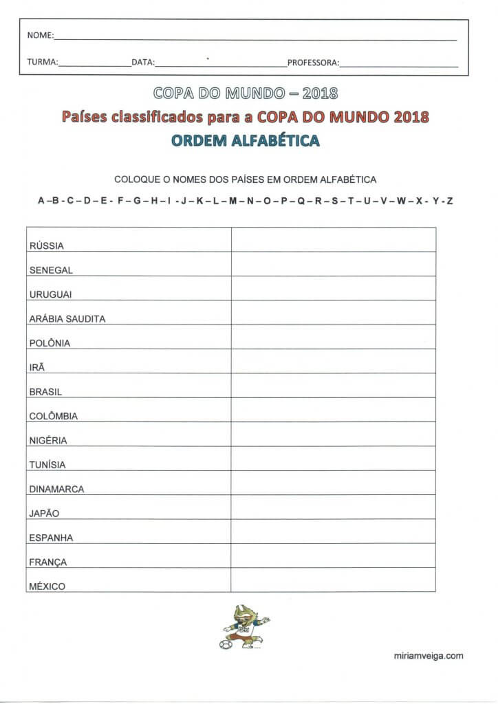 Projeto Copa do Mundo-2018-Parte 13-Ordem Alfabética