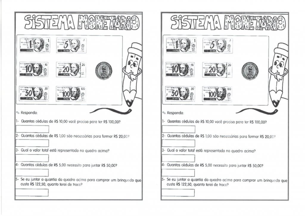 Sistema Monetário-Calcular e identificar Cédulas e Moedas-Folha 1