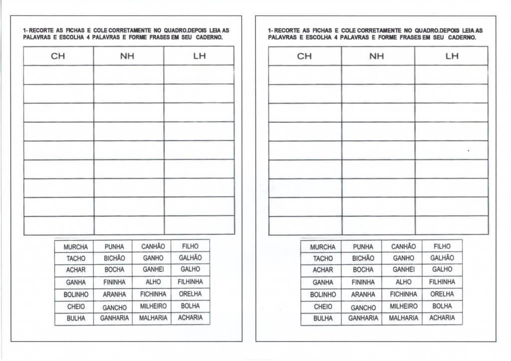 Dificuldades Ortográficas LH-NH-CH Recorte e Cole
