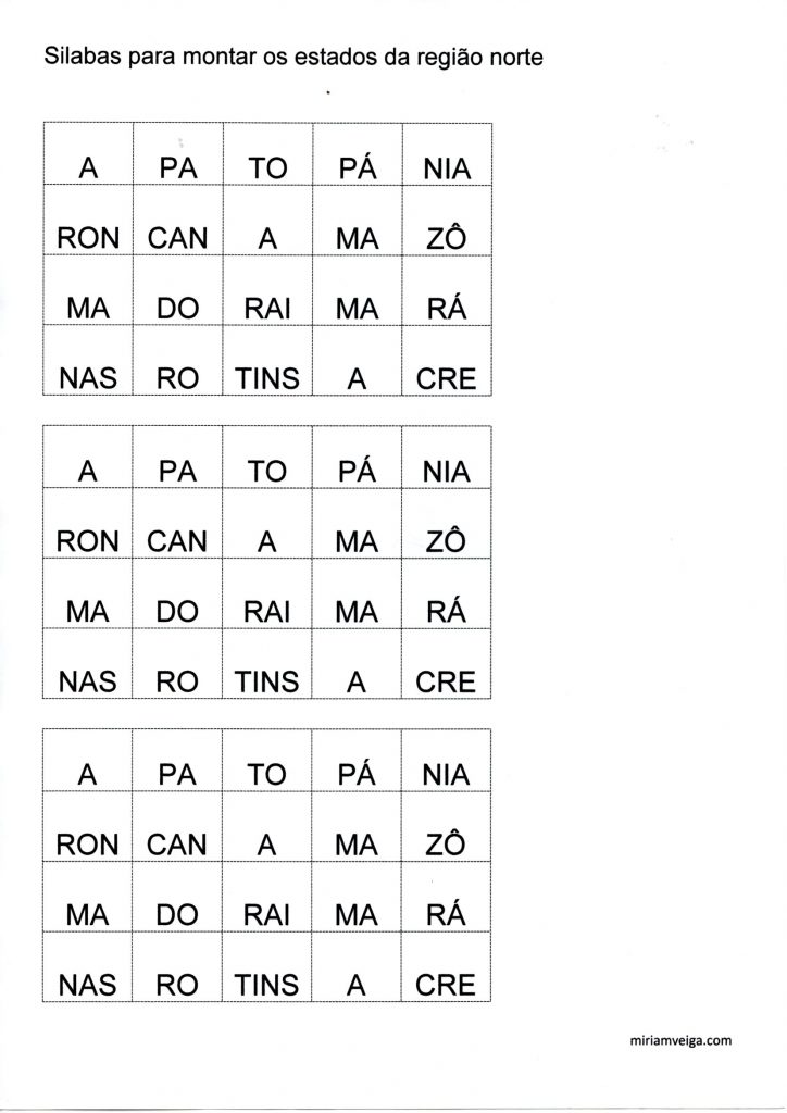 Sílabas para montar os nomes dos Estados da Região Norte