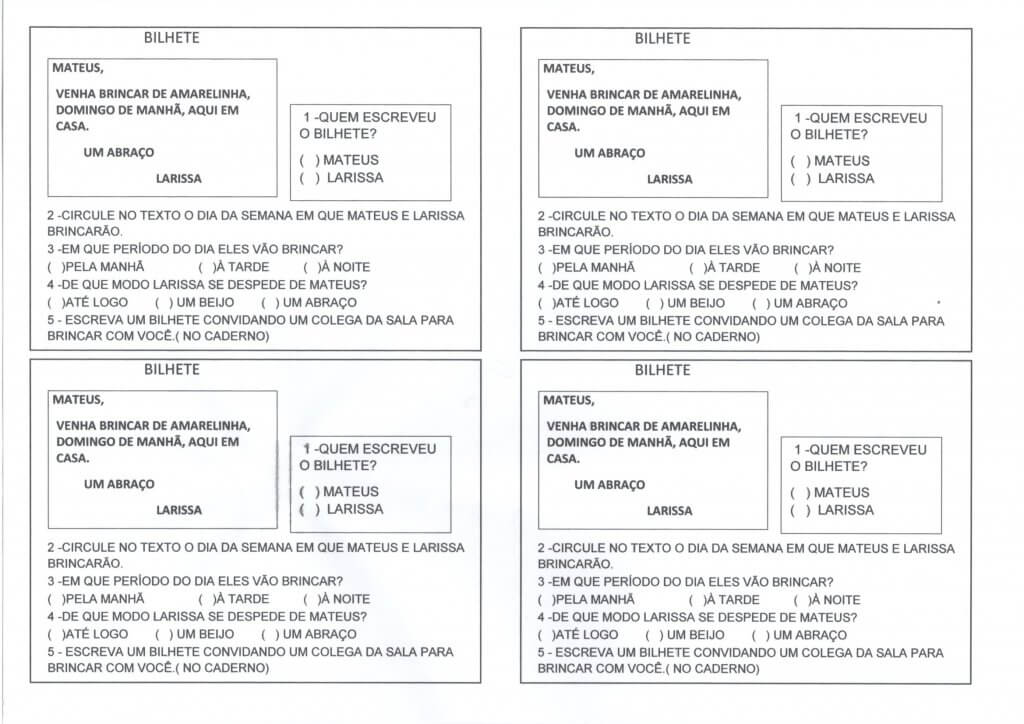 Bilhete-Interpretação Questões e Respostas