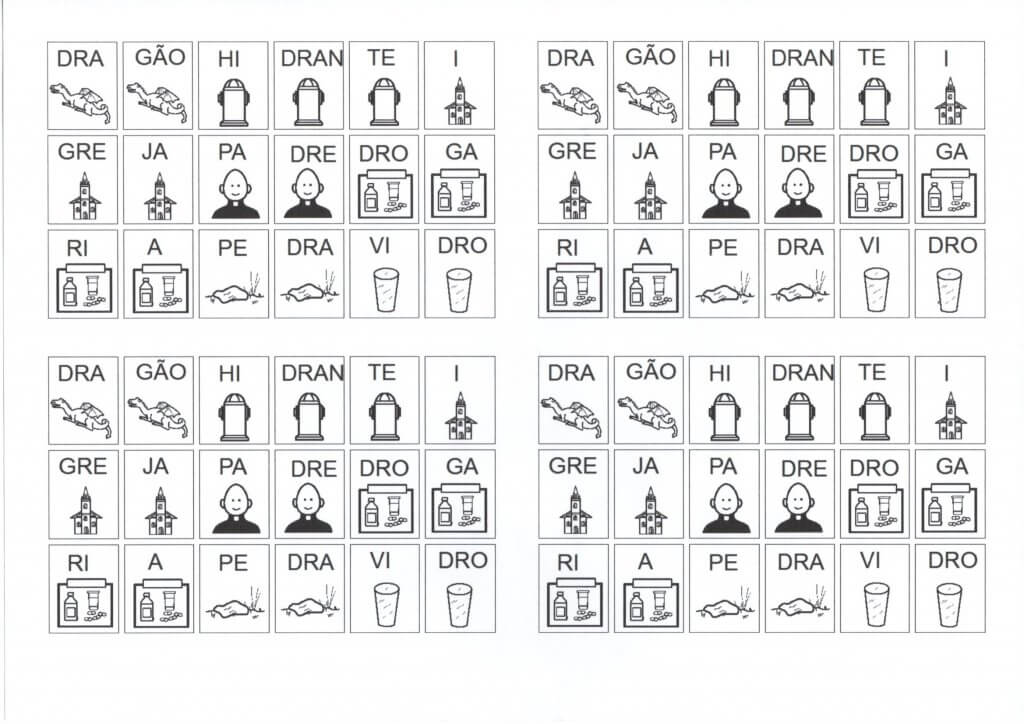 Desenhos com sílabas para montar palavras com DR