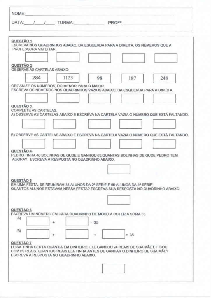 Avaliação Matemática-Numerais Sequência Problemas-Folha 1