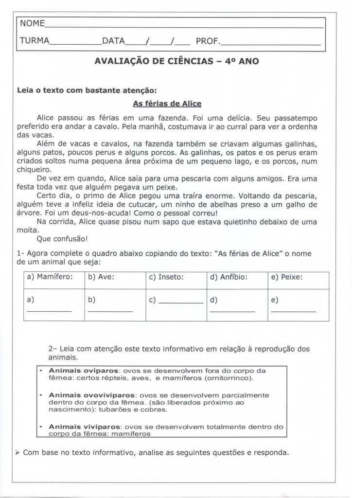 Avaliação de Ciências 4 Ano-Interpretação Reprodução-Folha 1