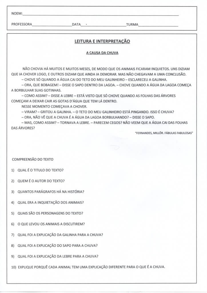 Avaliação de Leitura e Interpretação para caderno