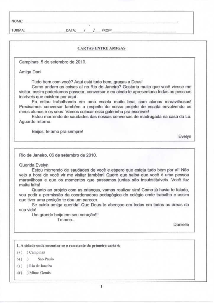 Avaliação de Língua Portuguesa 3-4 Ano-Gênero Carta-Folha 1