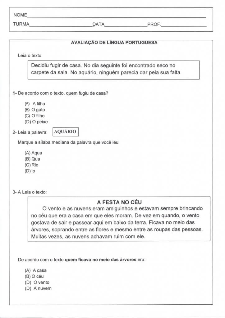 Avaliação de Língua Portuguesa 1-Interpretação de Tirinha-Folha 1