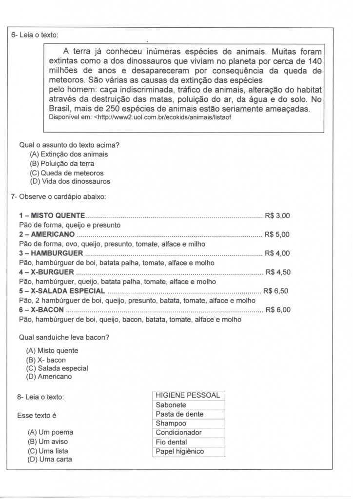 Avaliação de Língua Portuguesa 2-Lista e Cardápio-Folha 3