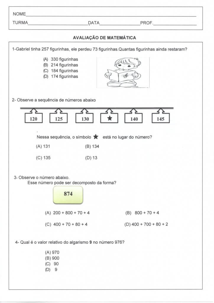 Avaliação Matemática-Sequência-Decomposição-Parte 1-Folha 1