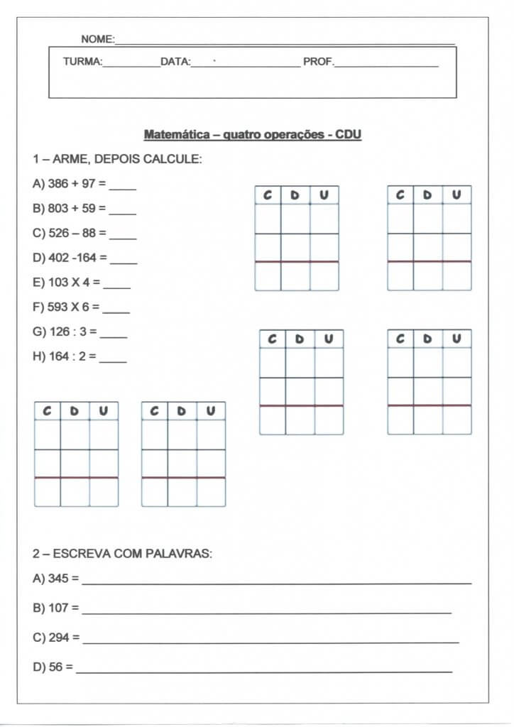 Avaliação Matemática-As Quatro Operações-Folha 1