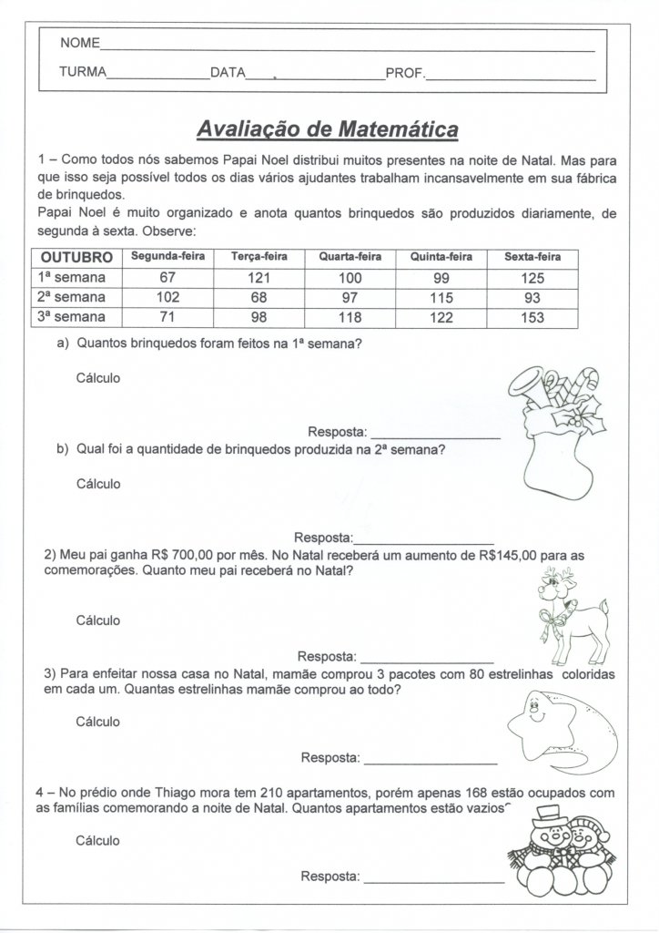 Avaliação de Matemática-Calendário e Problemas-Folha 1