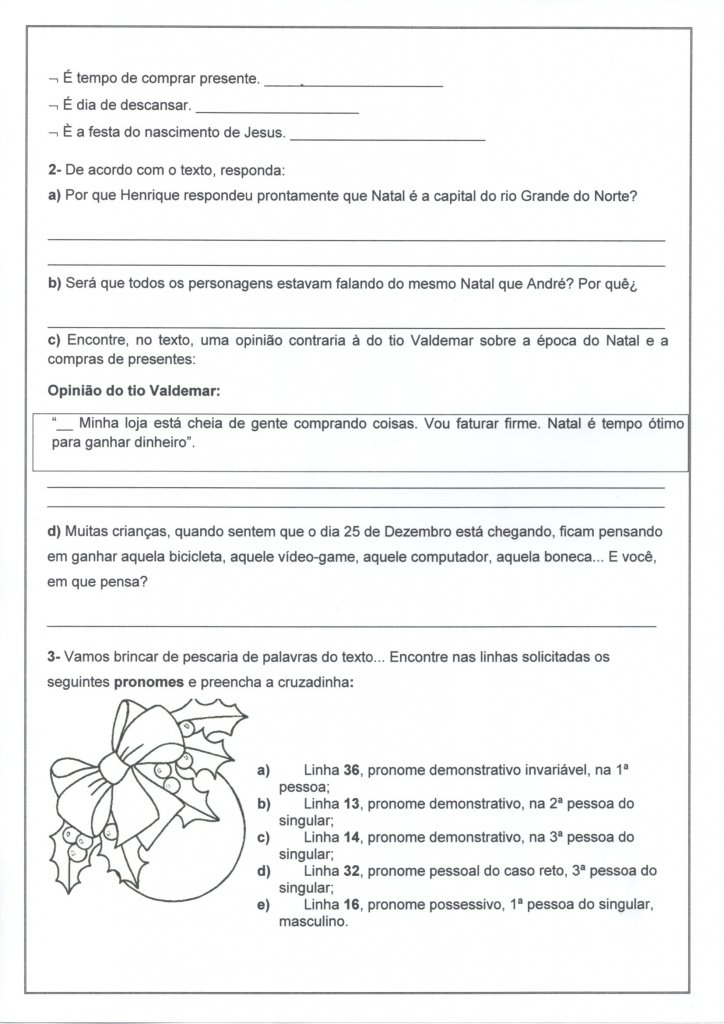 Esta Avaliação com tema Natalino trabalha com Leitura e Interpretação, Pronomes, Gênero textual Artigo, Sujeito, Predicado e Ortografia -Folha 3 Avaliação de Língua Portuguesa 1-Interpretação Pronomes-Folha 3