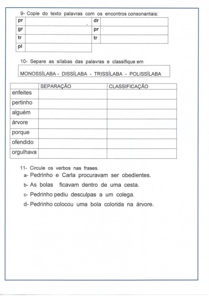 Avaliação de Língua Portuguesa-Encontros Consonantais-Folha 3
