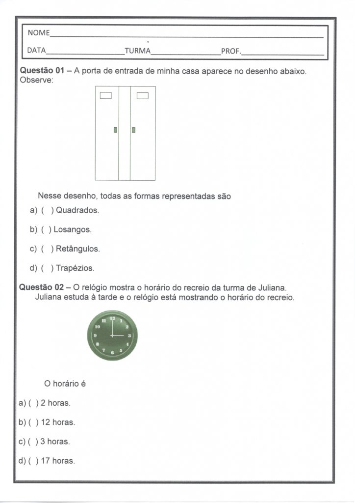 Avaliação Diagnóstica 2 e 3 Ano-Matemática-Formas-Parte 1-Folha 1