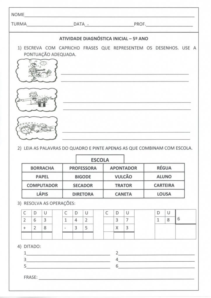 Avaliação Diagnóstica de 5 Ano-Frases e Operações