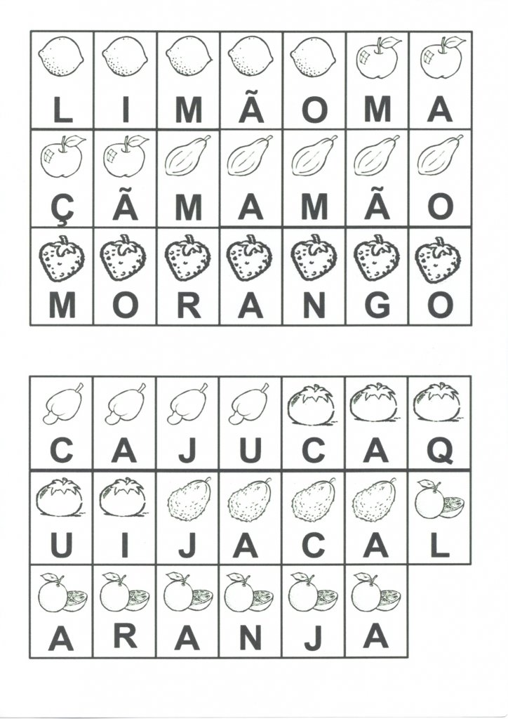 Figuras com letras para montar palavras-Frutas-Folha 1