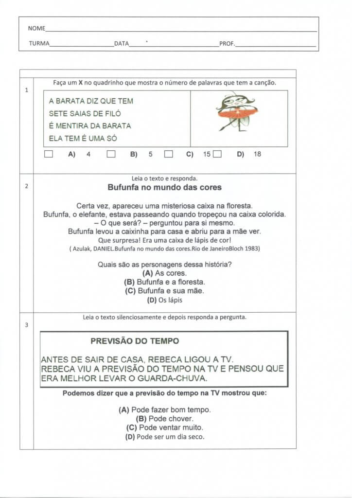 Avaliação Diagnóstica 2 e 3 Ano-Português Parte 1-Folha 1