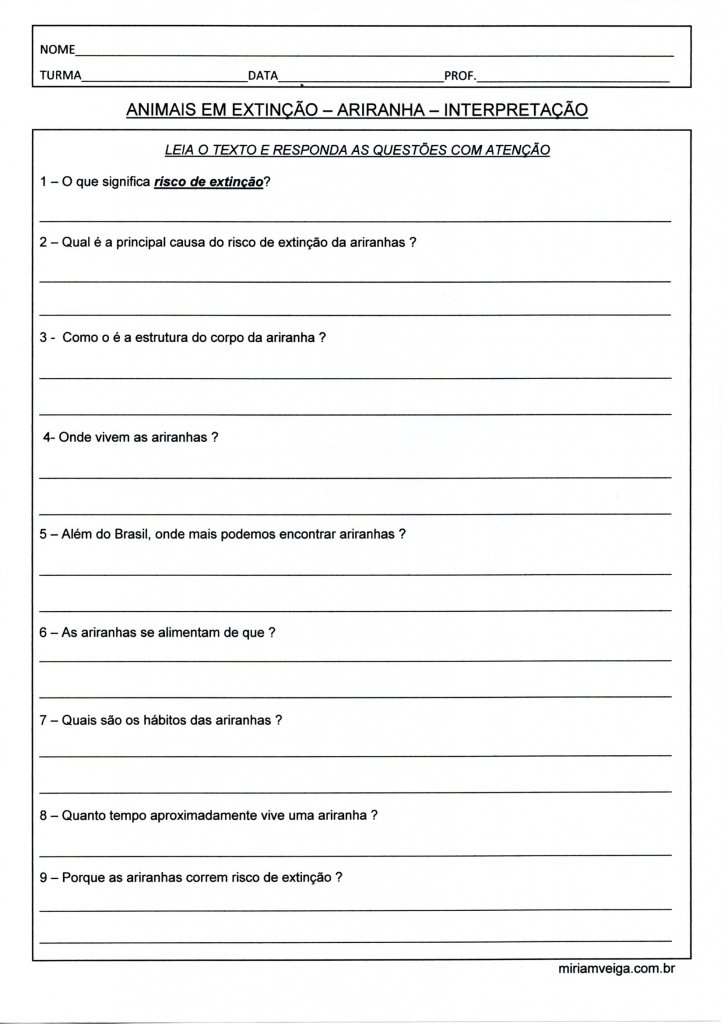 Questionário sobre o Texto de Ciência que fala sobre a Ariranha Animais em extinção-Ariranha interpretação