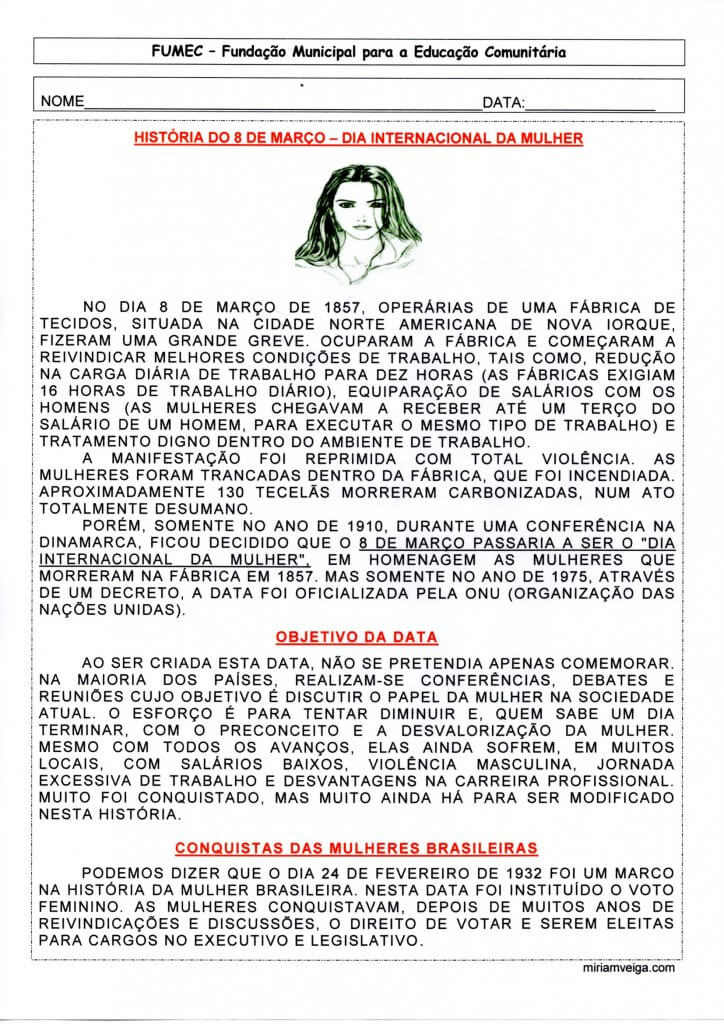Atividade com texto de gênero histórico que o aluno deverá ler e depois fazer as atividades da folha 2.-Folha 1 História do 8 de Março-Dia Internacional da Mulher-Folha 1-Texto informativo