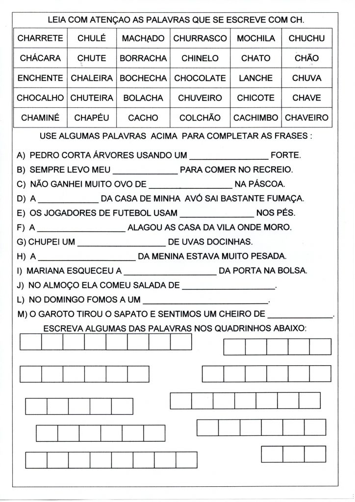 Atividades de palavras com CH-Dificuldades ortográficas