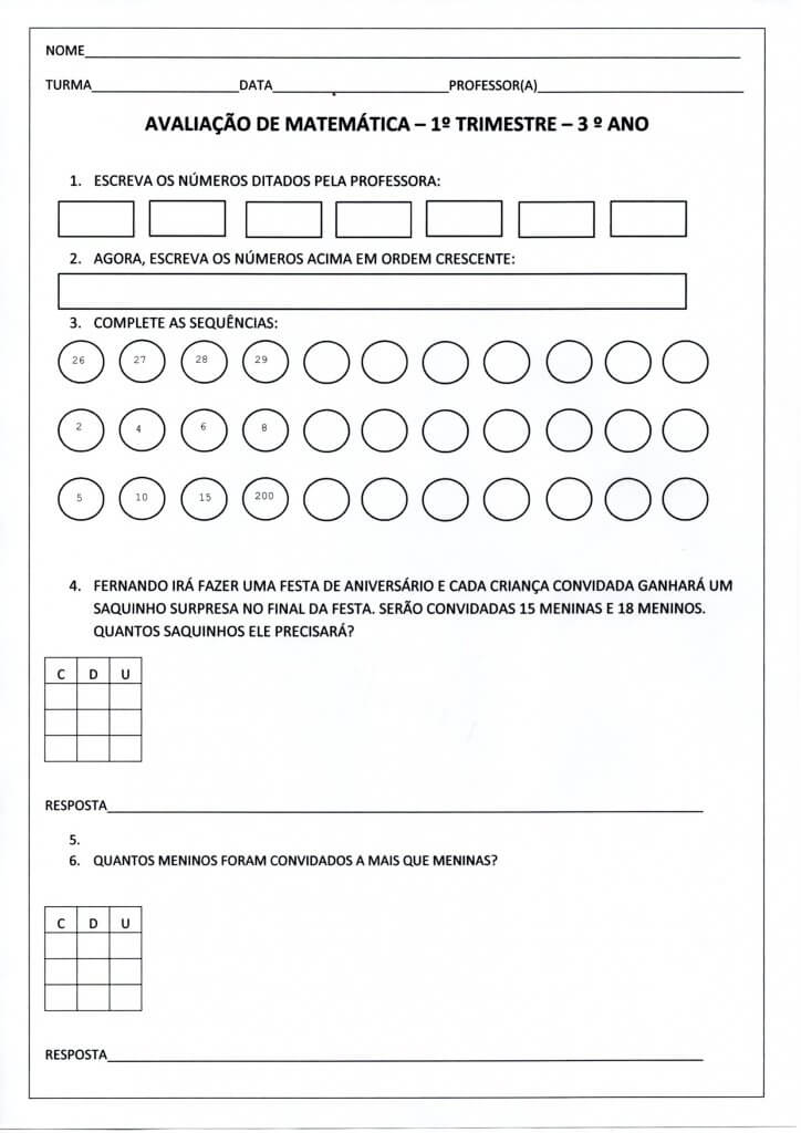Avaliação de Matemática 3 Ano-Parte 1-Numerais e Problemas
