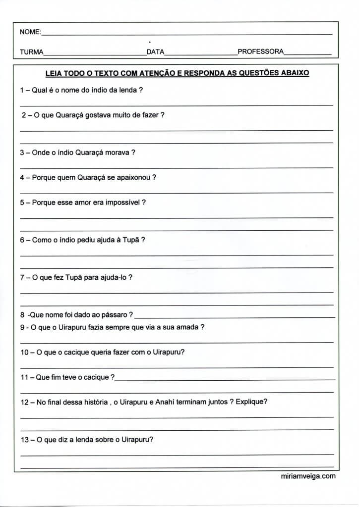 Dia do Índio-Lenda do Uirapuru-Questionário