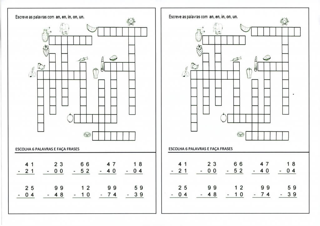 Cruzadinha AN-EN-IN-ON-UN Frases e Contas