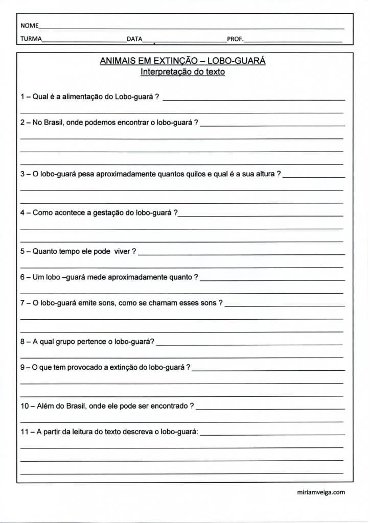 Atividade de Língua Portuguesa sobre animais para fazer a Ficha Técnica do Lobo Guará. Ficha Técnica-Lobo Guará-Parte 2-Questionário-Folha 2