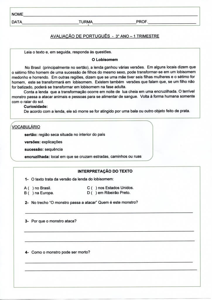 Avaliação de Língua Portuguesa 3 Ano-1 trimestre-Parte 1-Folha 1