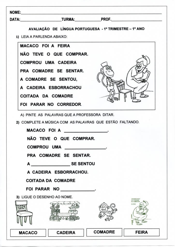Avaliação de Língua Portuguesa 1 Ano-1 trimestre-Folha 1