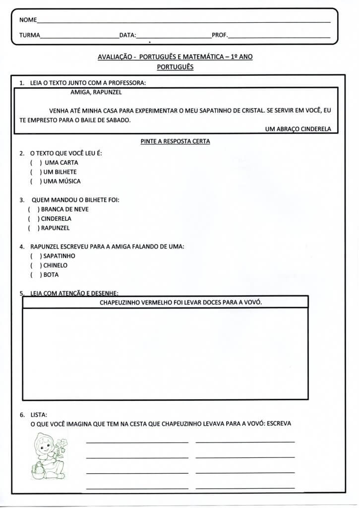 Avaliação de Português e Matemática 1 Ano-Parte 1-Folha 1