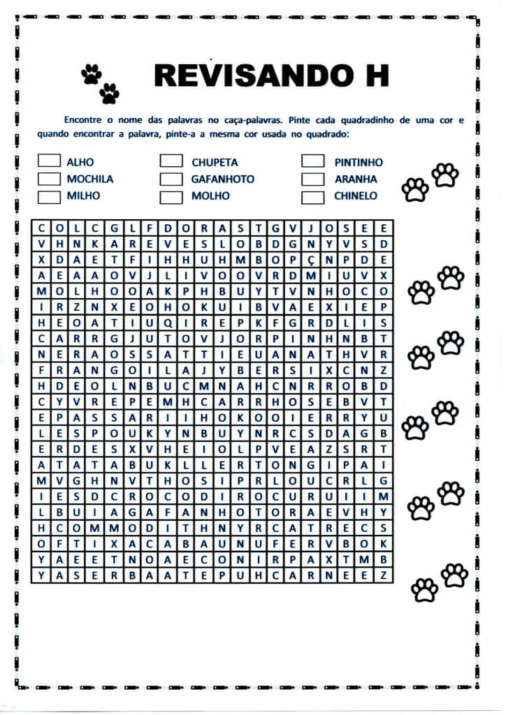 O aluno deve encontrar as palavras com H no Caça-palavras, classificar as que encontrou e separar as sílabas-Folha 1 Revisando a letra H intercalada-Caça-palavras-Folha 1