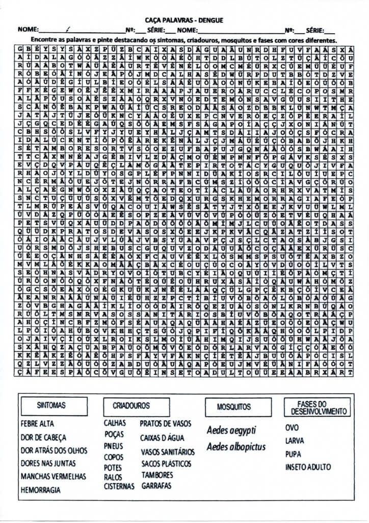 Caça-palavras com os termos que representam criadouros, sintomas e fases do desenvolvimento do mosquito da Dengue-Folha 1 Caça-Palavras-Dengue com gabarito-Folha 1