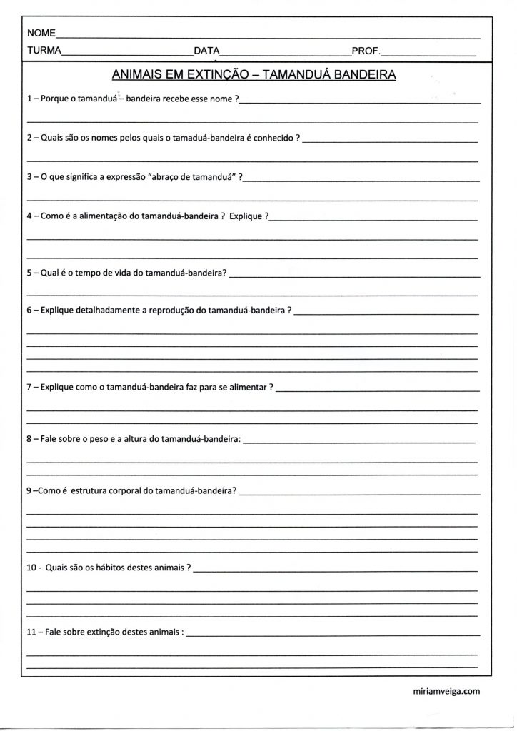 Animais em extinção-Tamanduá Bandeira-Questões