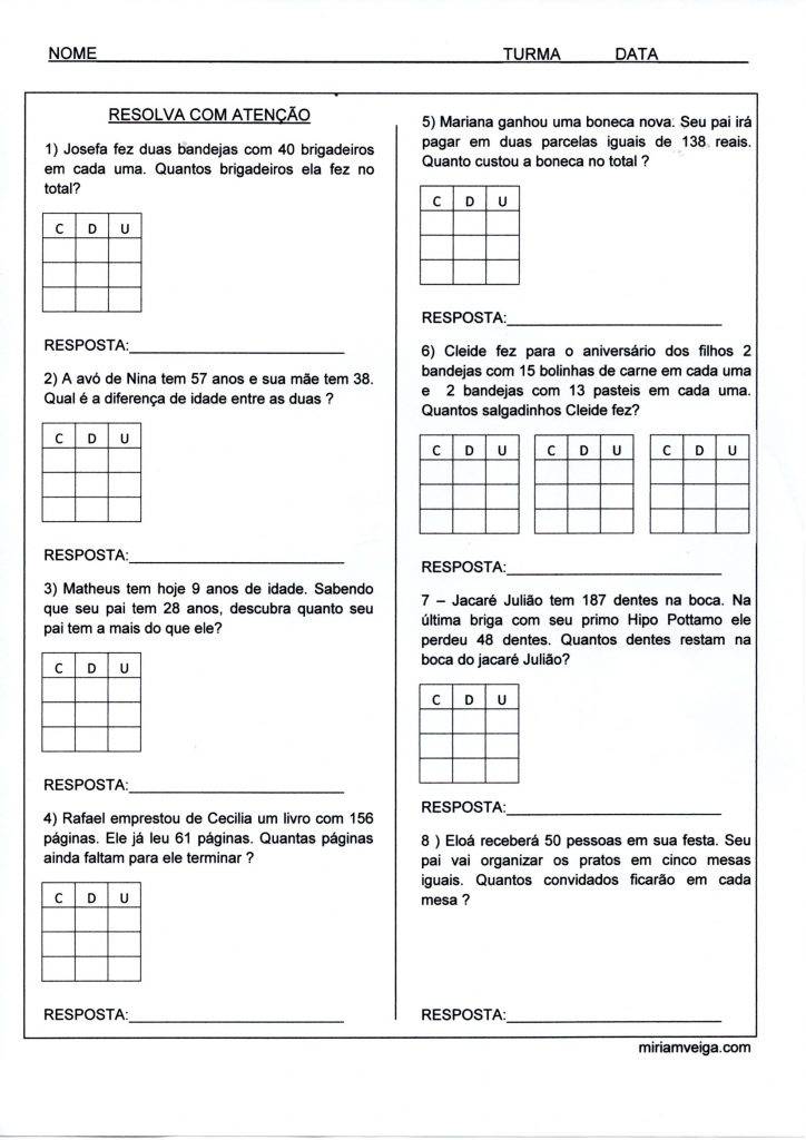 Problemas de Matemática para Resolução e Resposta