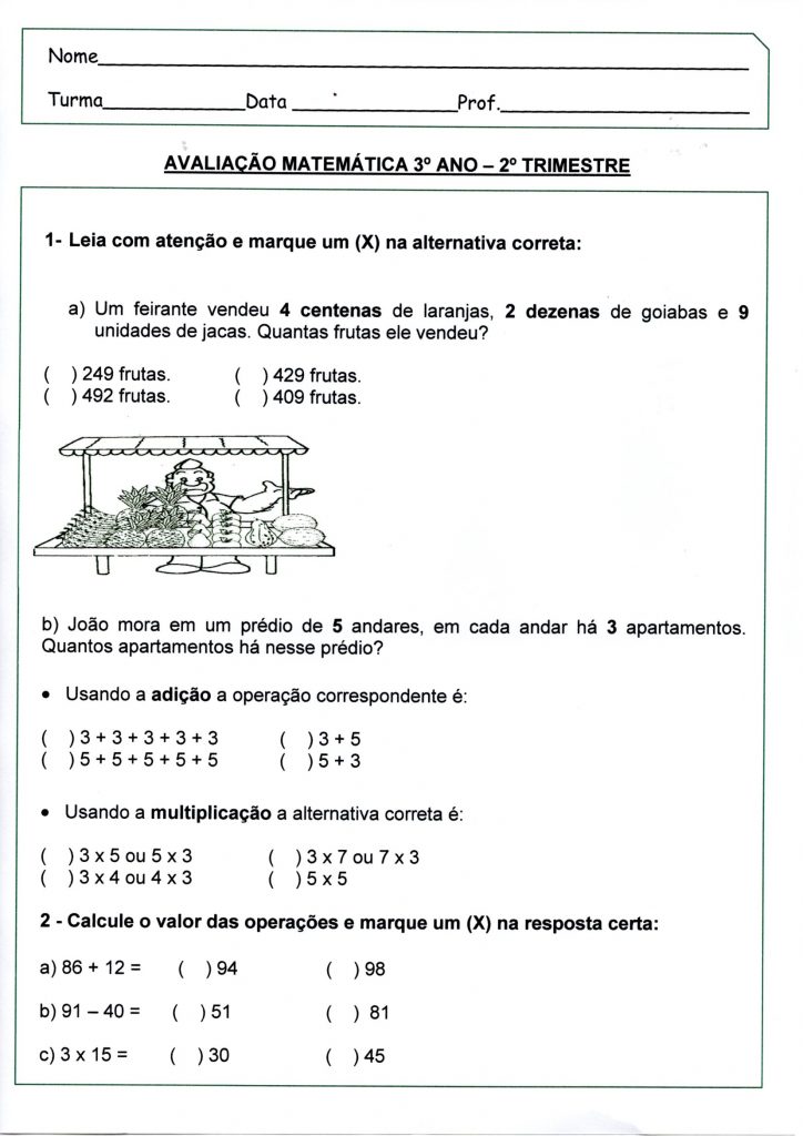 Avaliação de Matemática 3 Ano-2 Trimestre-Parte 1-Folha 1