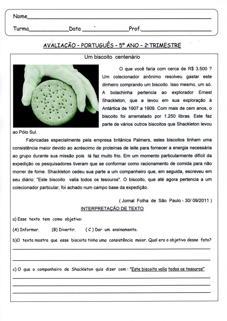 Avaliação 5 Ano-Língua Portuguesa-2 Trimestre-Parte 1-Folha 1
