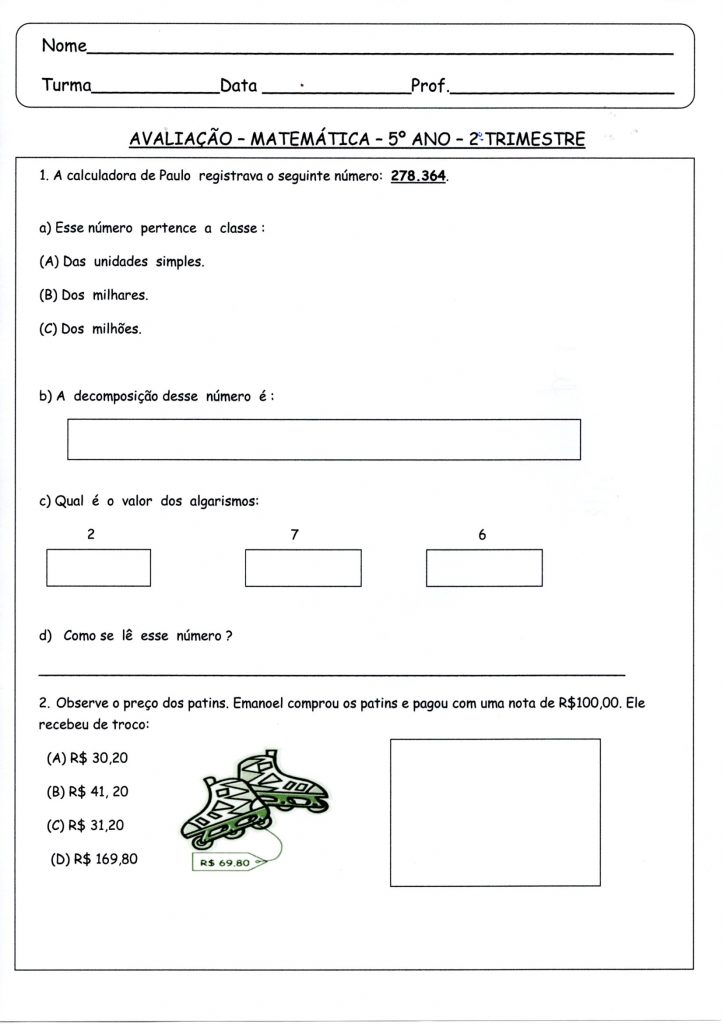 Avaliação 5 Ano-Matemática-2 Trimestre-Folha 1