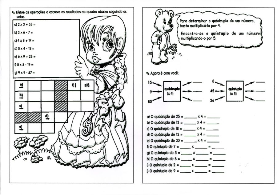 Atividade de matemática com Problemas de Quádruplo e Quíntuplo e quadros para fazer continhas.