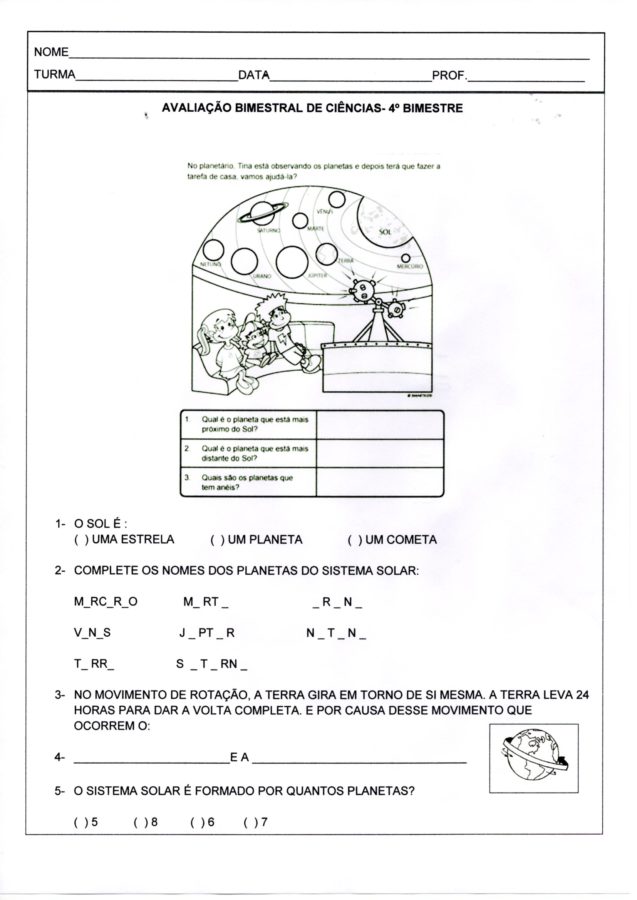Avaliação de Ciências-Sistema solar-parte 1