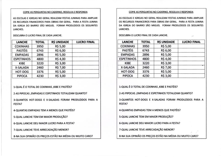 Atividade com Tabela para cálculos