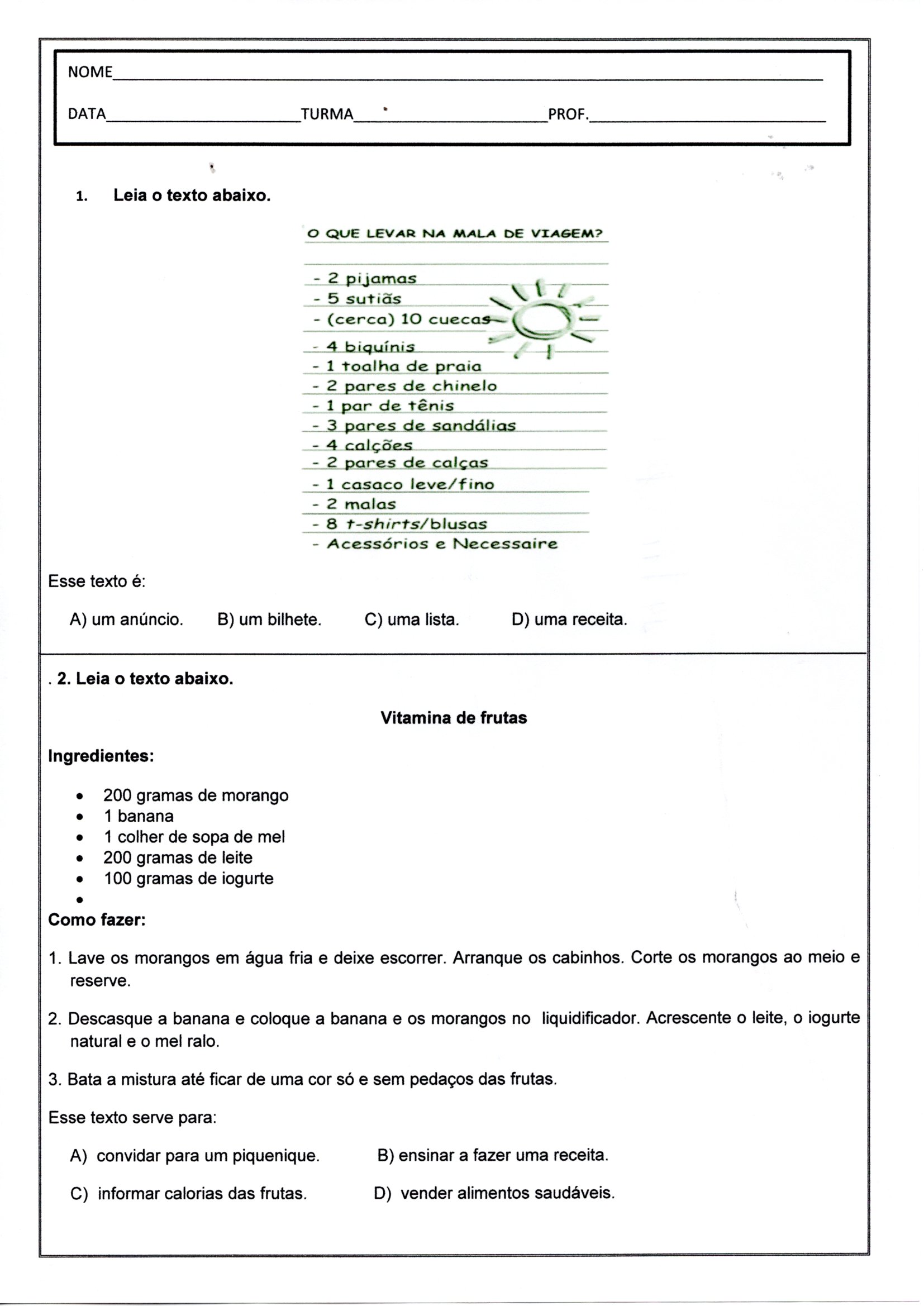 Avaliação de Língua Portuguesa com os tipos de texto Lista, Poema, Receita, Bilhete, Convite e Informativo-Folha 1.