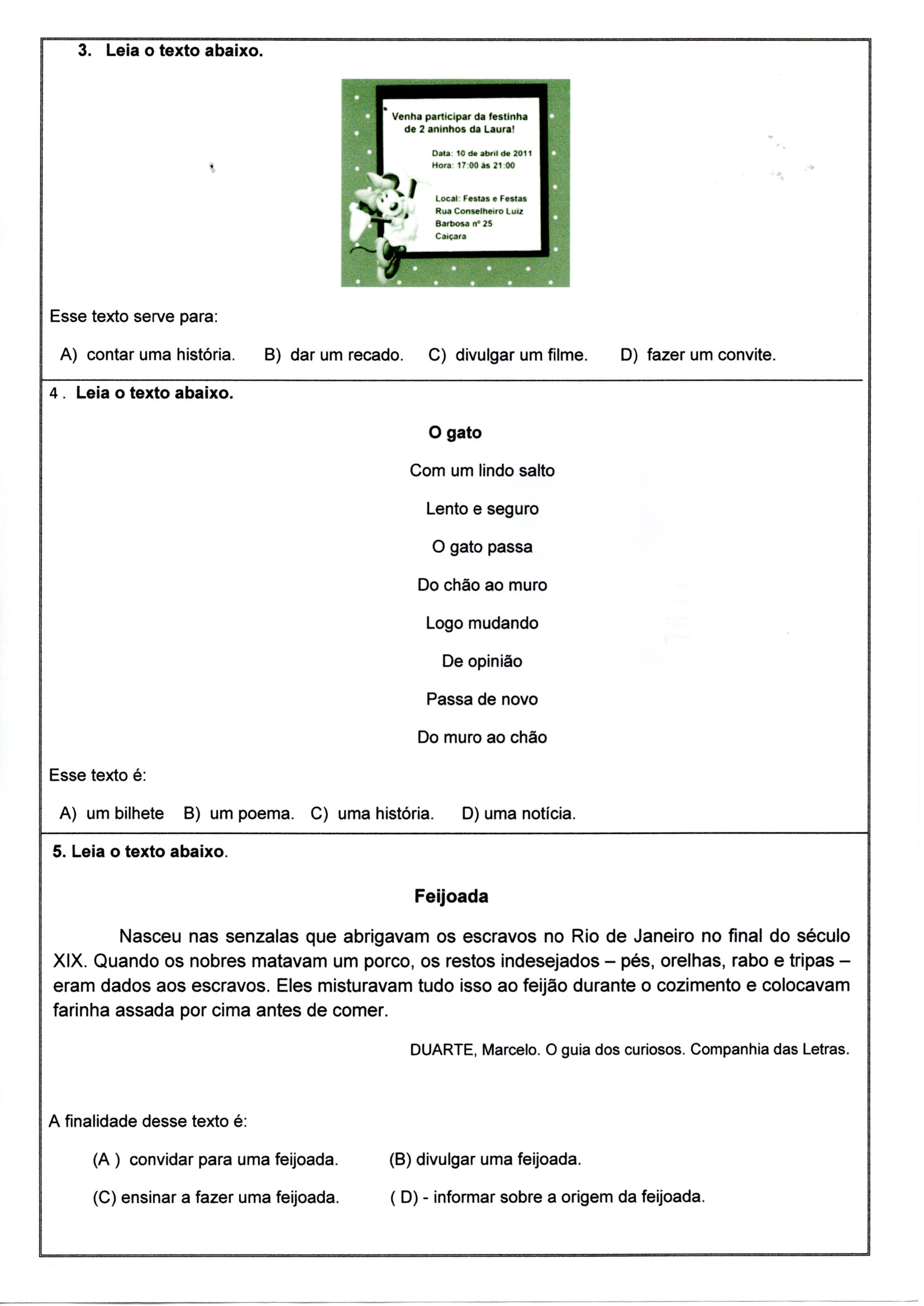 Avaliação de Língua Portuguesa com os tipos de texto Lista, Poema, Receita, Bilhete, Convite e Informativo-Folha 2.