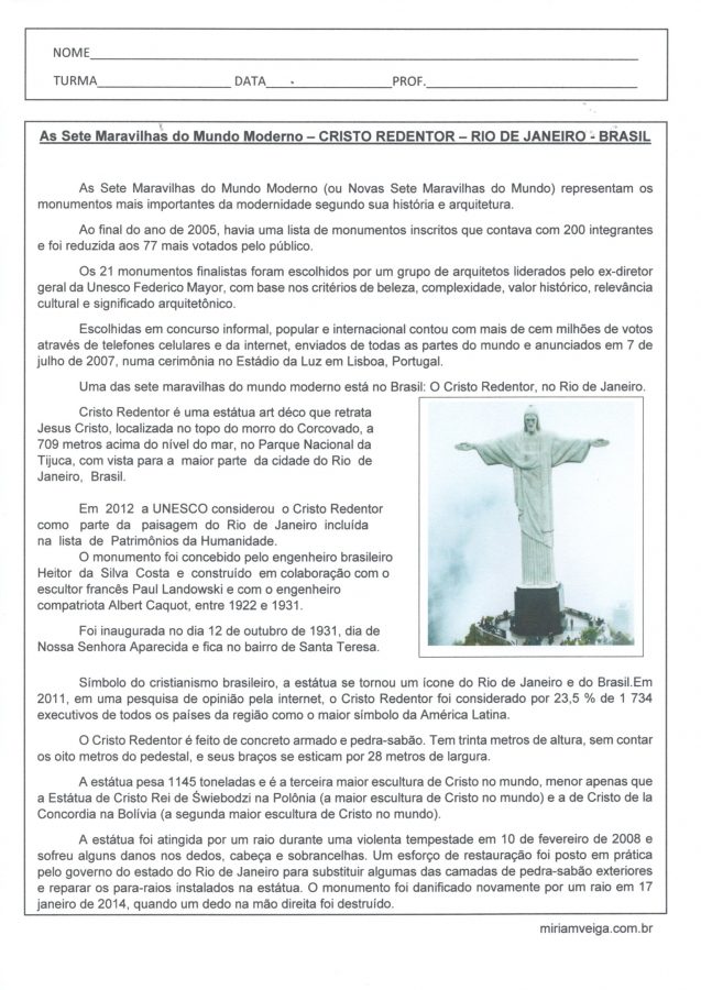 As Sete Maravilhas do Mundo Moderno-Cristo Redentor-Texto