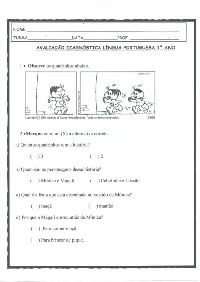 Avaliação Diagnóstica 1 Ano Português-Parte 1-Folha 2